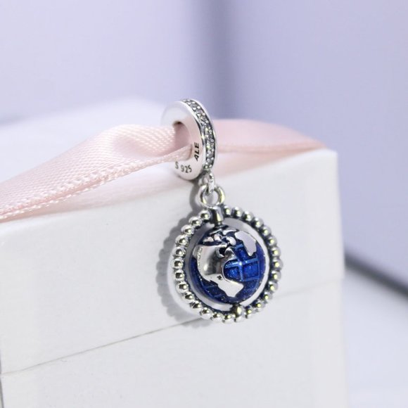 Pandora Blue Spinning Globe Dangle Charm  Travel and Hobbies Cubic Zirconia love - Picture 1 of 6